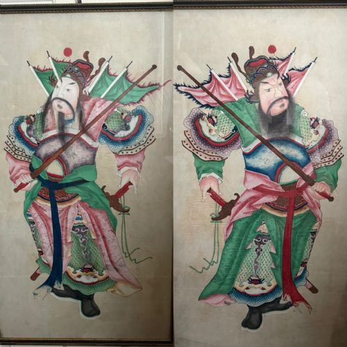 fig 1. Large pair of  mid C19th finely-painted Chinese watercolours depicting Menshen or door gods . 