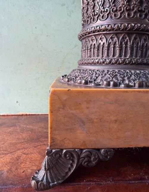 PAIR OF EARLY C19TH FRENCH CHARLES X PERIOD BRONZE VASES ON SIENA MARBLE BASES - ADDITIONAL PHOTO 3