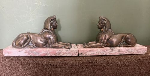 Larger Scale Pair of Early C19th Regency Period Bronze Sculptures of Recumbent Sphinxes on Marble Block Plinth Bases .