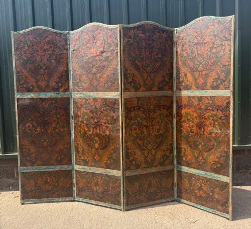 Large Late C19th Polychrome Decorated Four-fold ‘Country-house’ Canvas Screen or Room Divider in the Manner of C18th Dutch Tooled Leather.