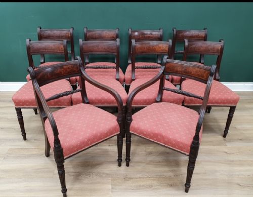 Fine Quality Set of 10 ( 8 Singles+ 2 Armchairs ) Early C19th Late George III Period Mahogany Dining Chairs.