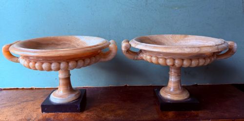 Pair of C19th Italian ‘Grand Tour’ Souvenir Highly-figured Carved ‘Alabastro Egiziano’ Smaller-scale Tazze , After the Antique, on Black Marble Block Bases.