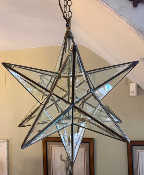Striking Early C20th 12-Point Brass-framed Bevelled Glass “Moravian” Star Hanging Lantern.
