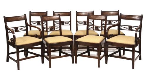 Set of 8 ( 6 Singles + Armchairs) Late C18th George III Sheraton Period Mahogany Dining Chairs.