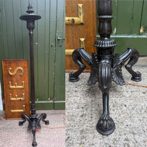 fig 1. A tall late nineteenth-century cast-iron standard lamp with a dark bronze patinated finish, featuring a fluted column shaft, acanthus leaf moulding, and a tripod claw foot base.