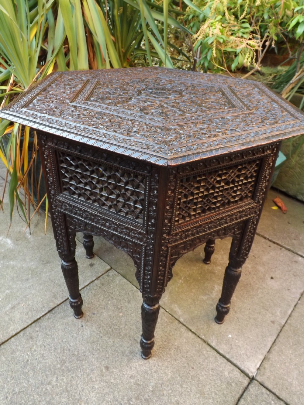 C19th Indian carved teak hexagonal centre table.