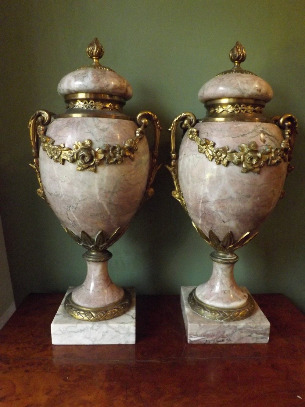 Pair late C19th French ormolu-mounted 'rouge' marble urns.