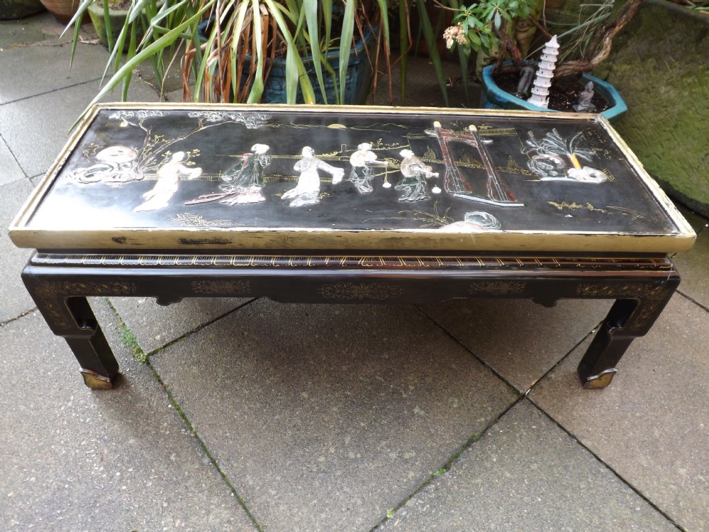 Early C20th Chinese lacquer low 'coffee' table with decorative carved soap-stone top