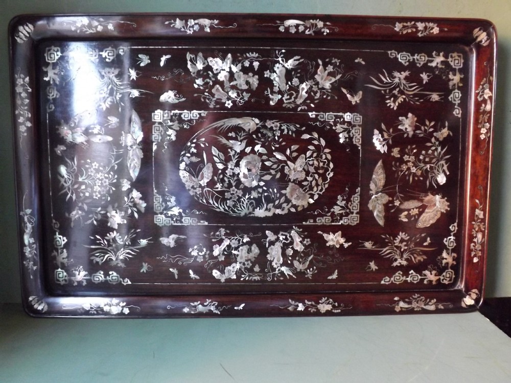 Late C19th Chinese 'mother of pearl' inlaid hardwood tray.