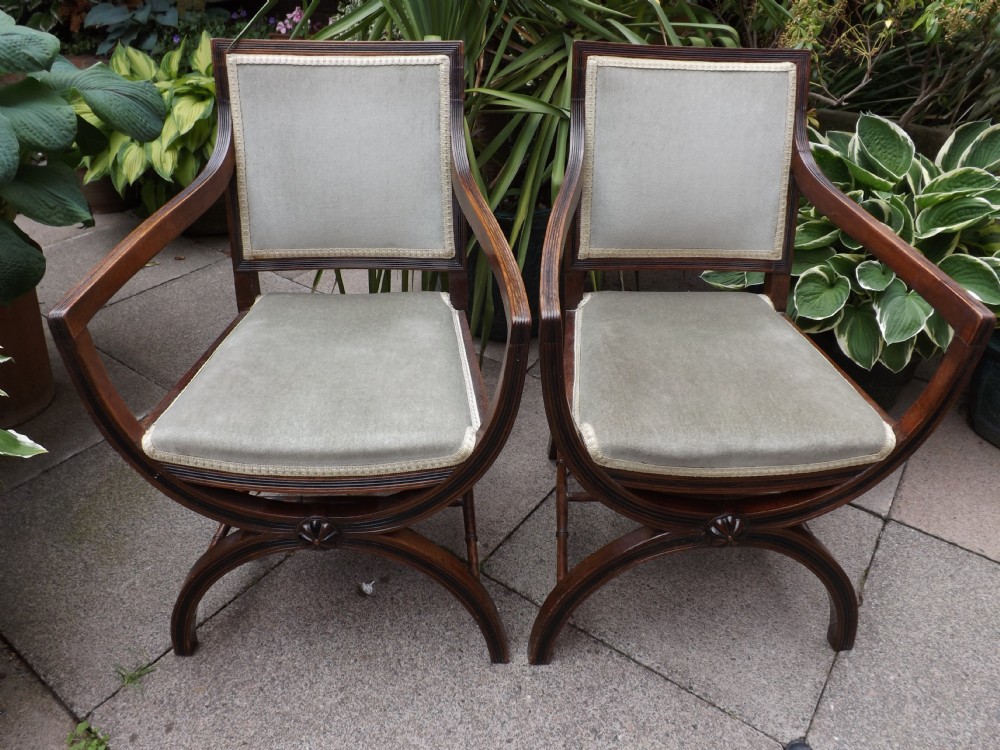 Pair of early C20th Regency style reeded frame mahogany armchairs