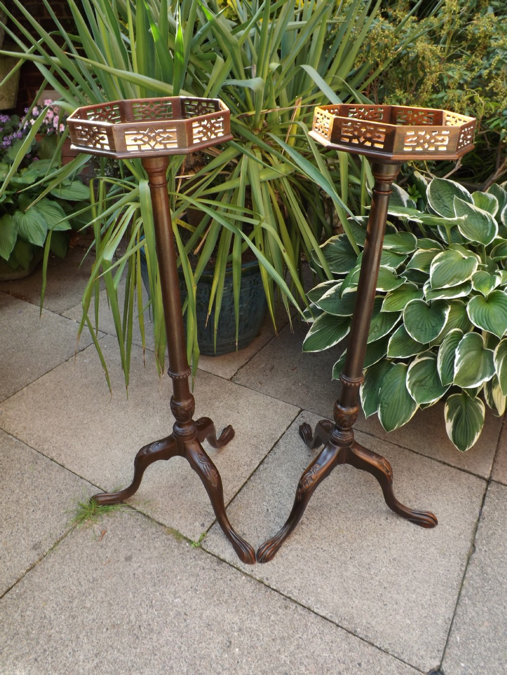 Pair of late C19th Chippendale-revival mahogany candle-stands.