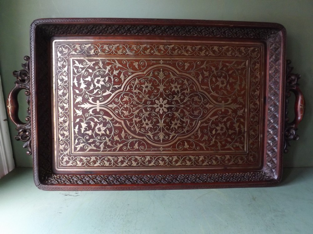 Late C19th Anglo-Indian brass-inlaid rosewood tray.