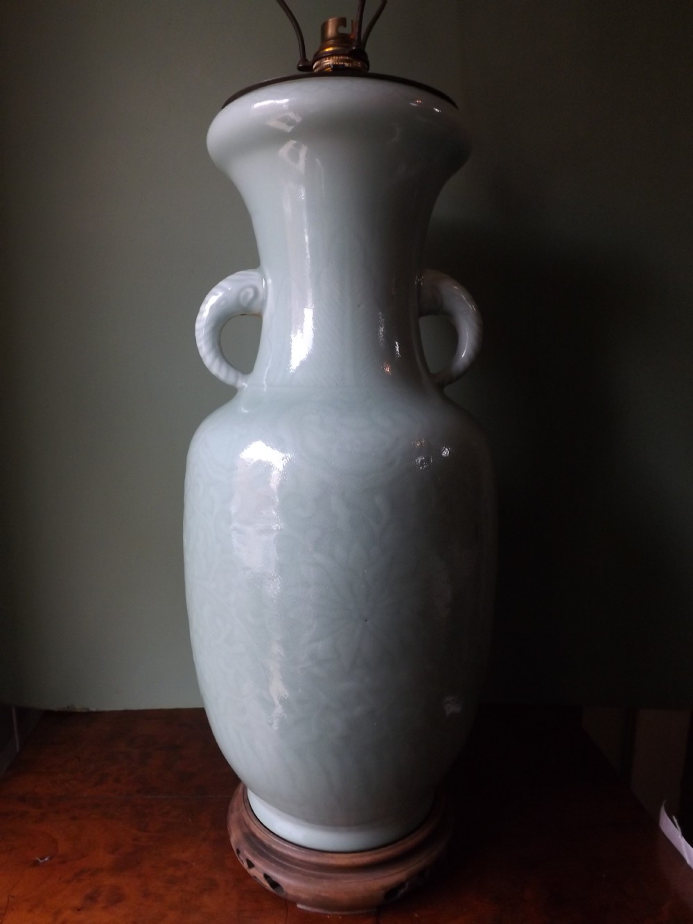 Late C19th Chinese porcelain celadon glaze lamp