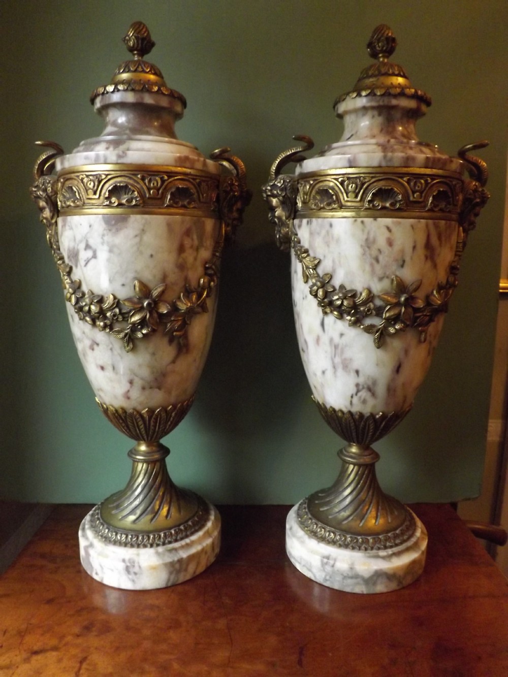 Large pair of C19th French Louis XVI style ormolu-mounted marble vases.