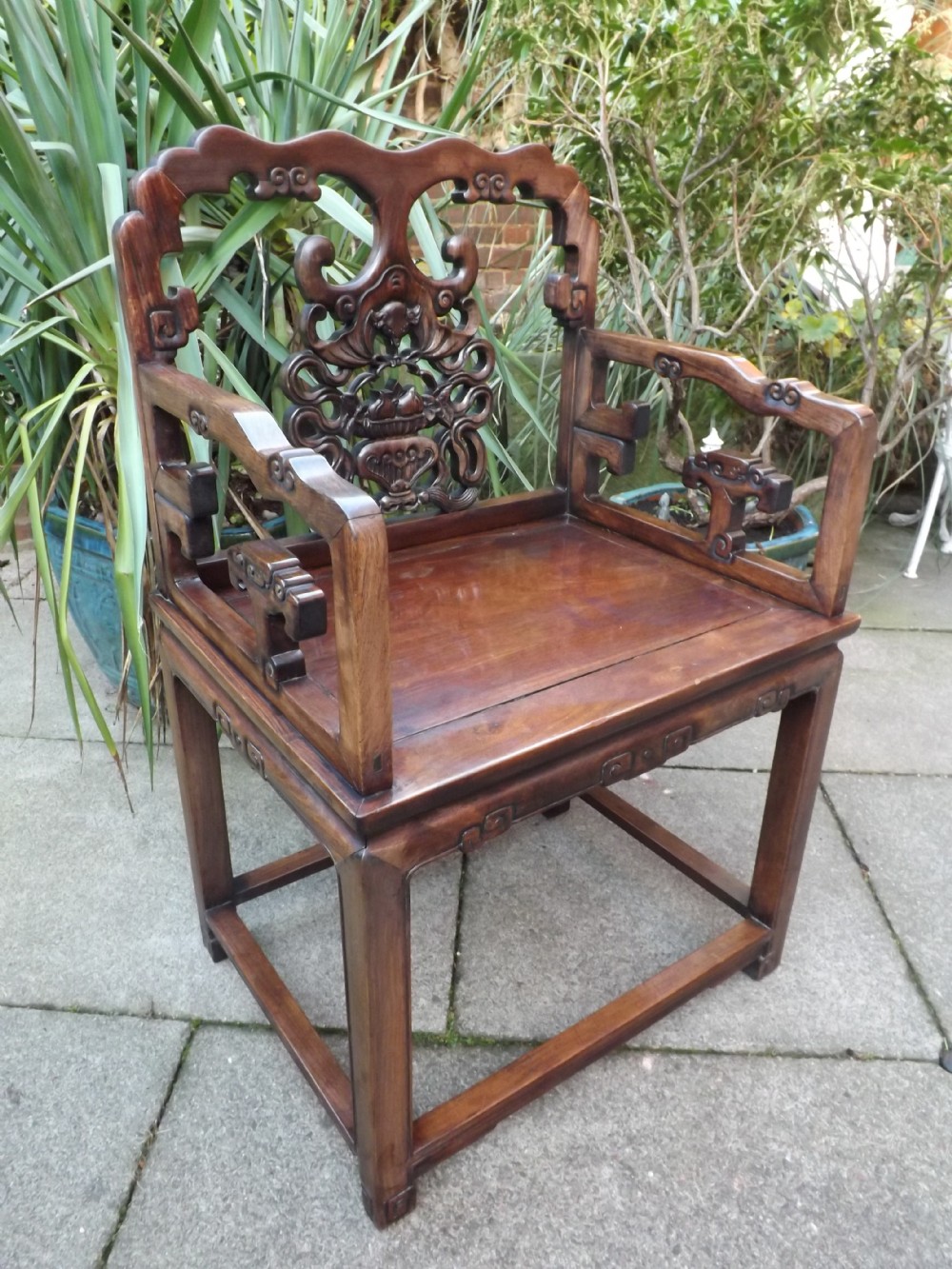 Late C19th Chinese Qing Dynasty carved hardwood armchair