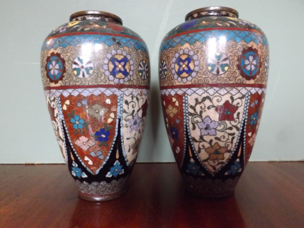 Pair of late C19th Japanese cloisonné enamel vases 