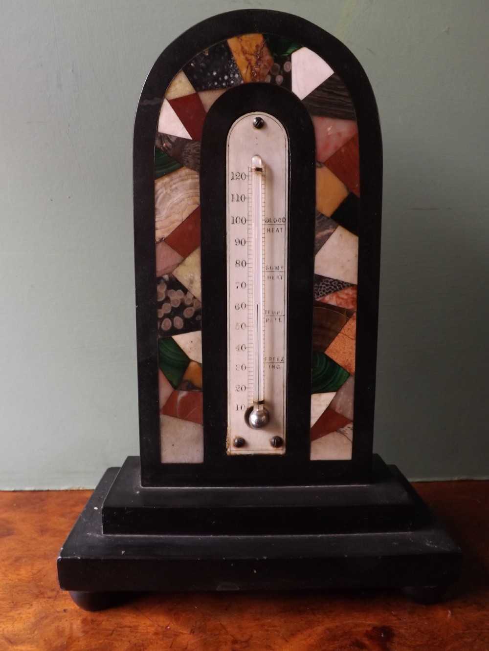 C19th specimen marble-inlaid English desk-top thermometer.