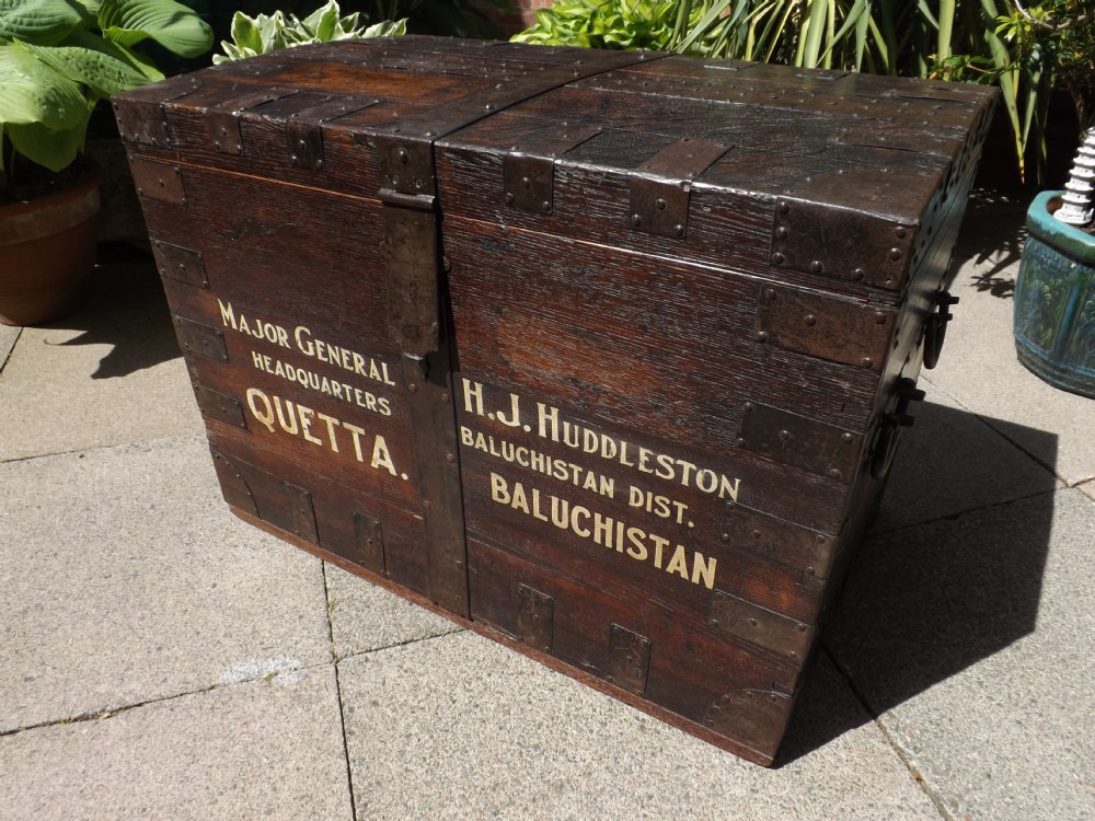 Late C18th iron-bound oak silver-chest with provenance and later personalised painted military campaign letter-work.