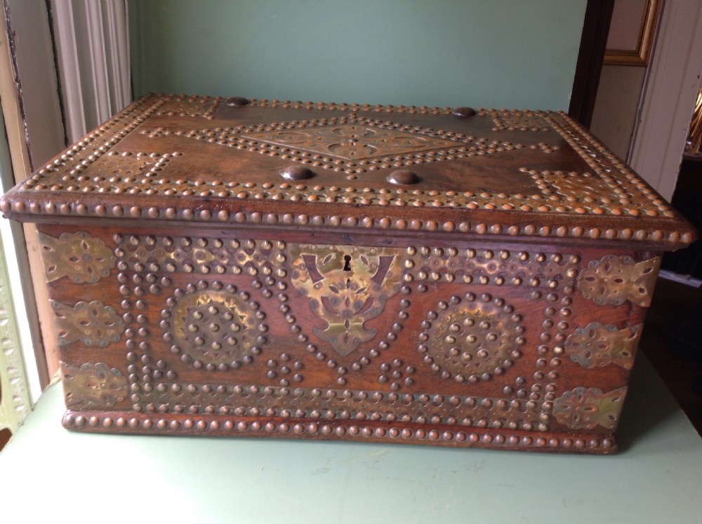 C19th Indian colonial brass-bound teak scribe's casket or strong-box.