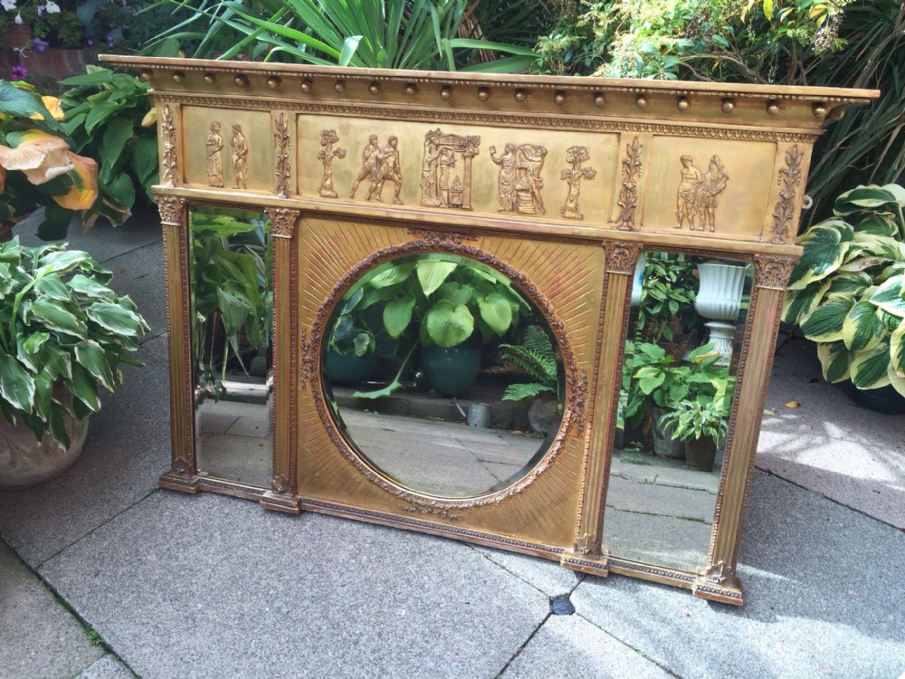 Early C19th Regency period gilt-wood 3-plate over-mantel mirror .