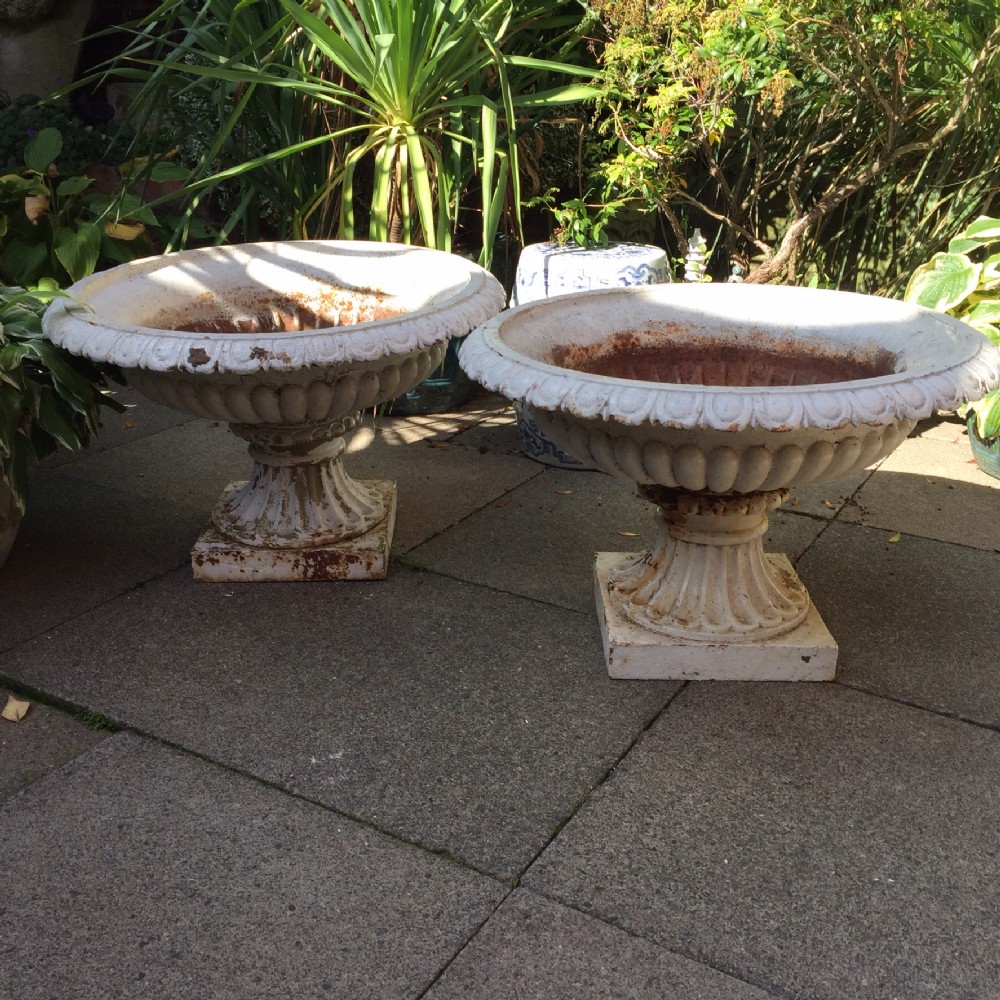 Magnificent large-scale pair of mid C19th cast-iron shallow-bowl  garden or terrace vases.
