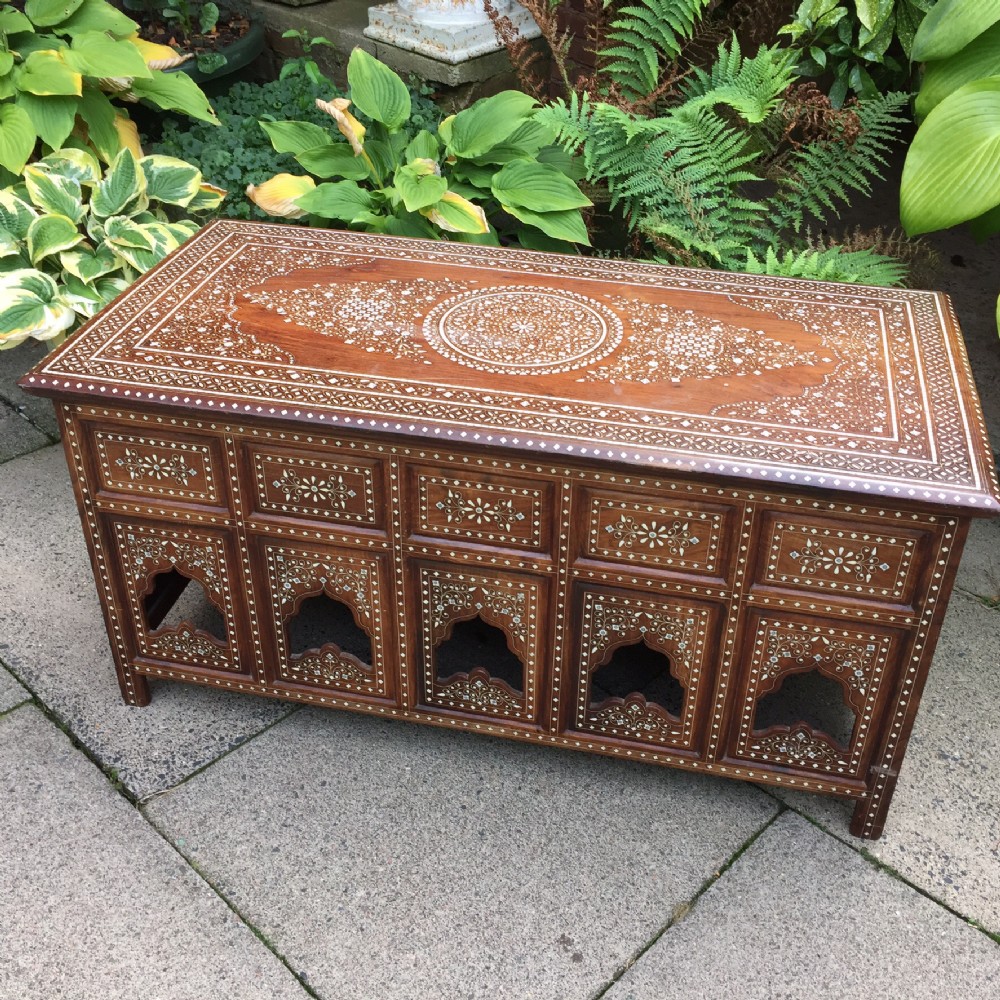 Late C19th Indian ivory-inlaid rectangular centre-table on folding base.