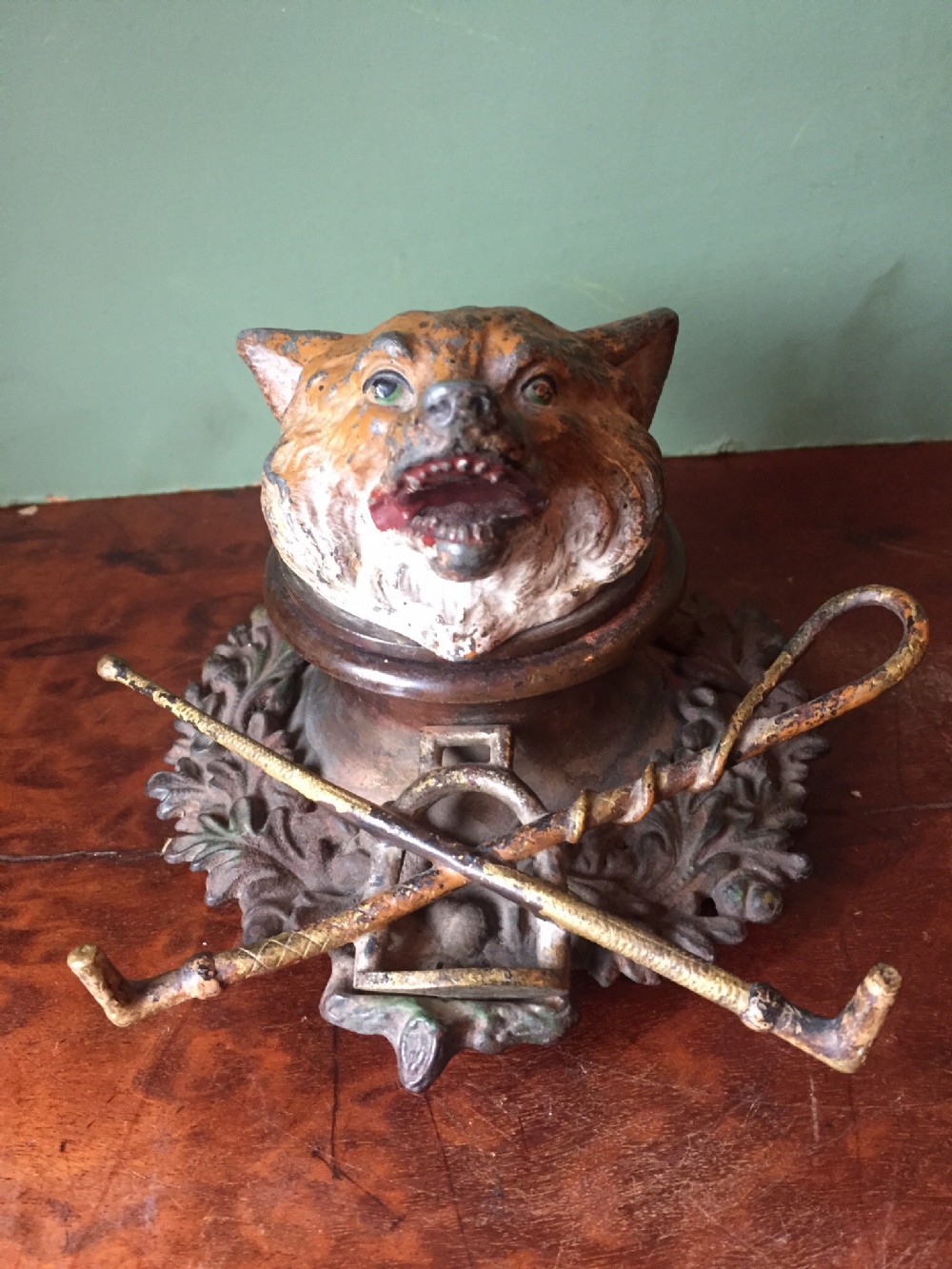 Late C19th/early C20th 'cold-painted' cast bronze and brass fox-head ink-well.