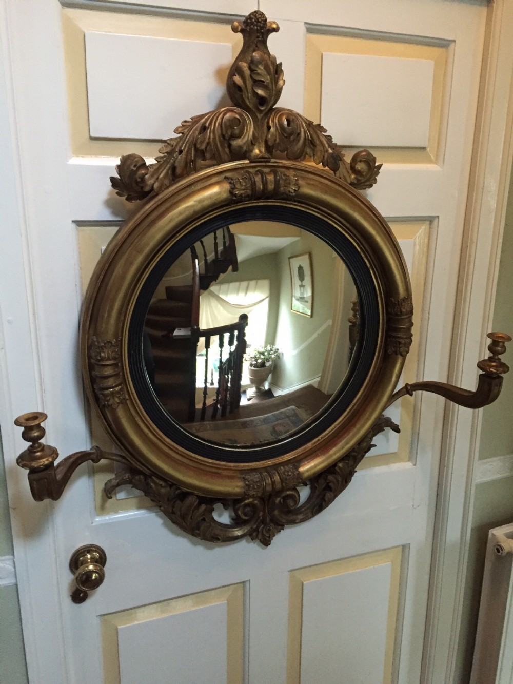 Early C19th Regency period carved gilt-wood framed 'girandole' convex -plate mirror