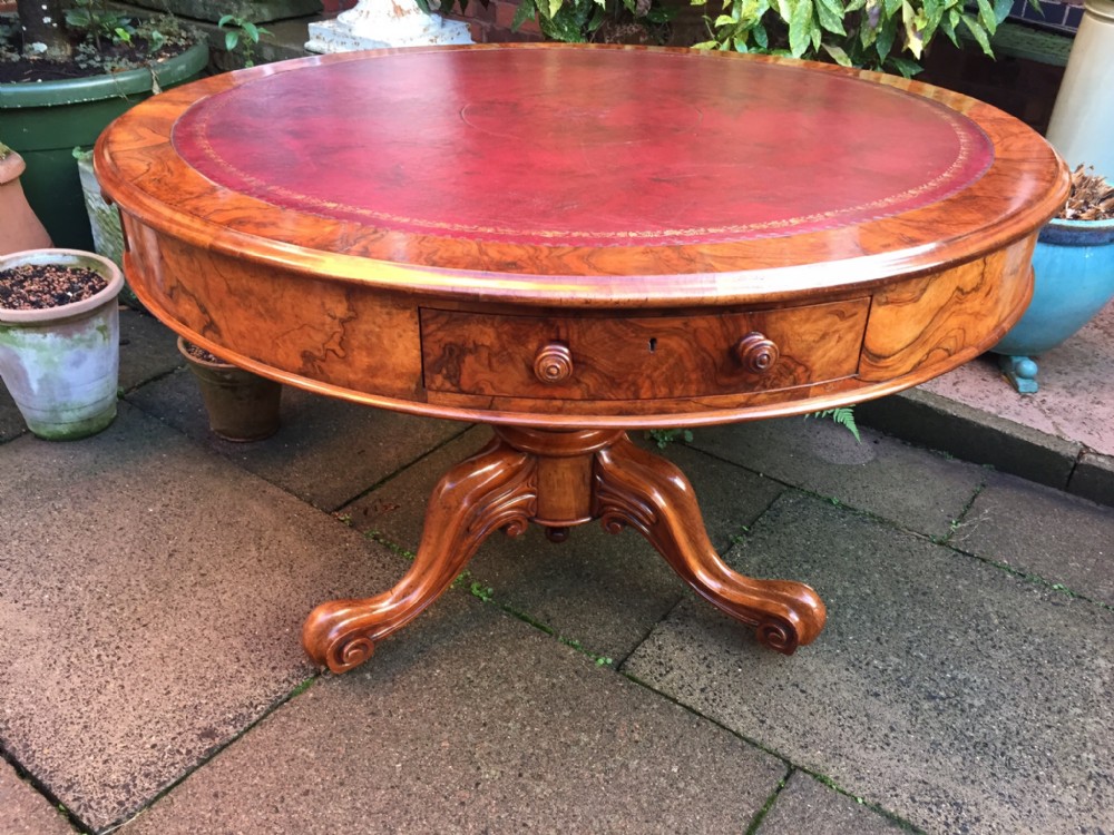 C19th mid-Victorian period figured and burr walnut library 'drum' table.