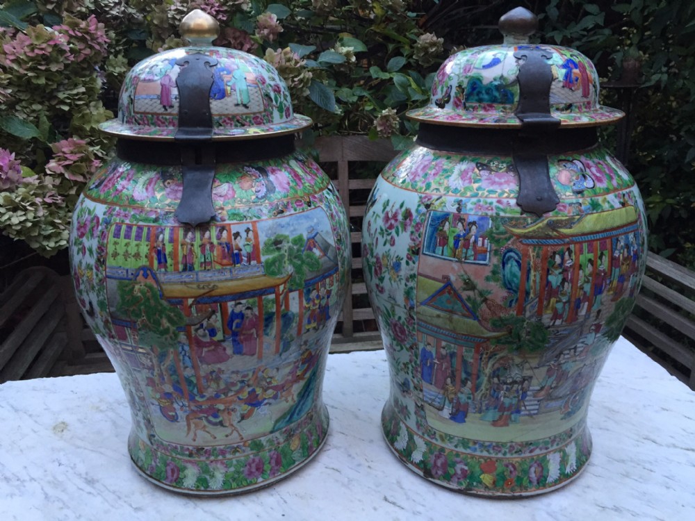 Large pair of mid C19th Chinese Cantonese polychrome-decorated porcelain Temple jars.