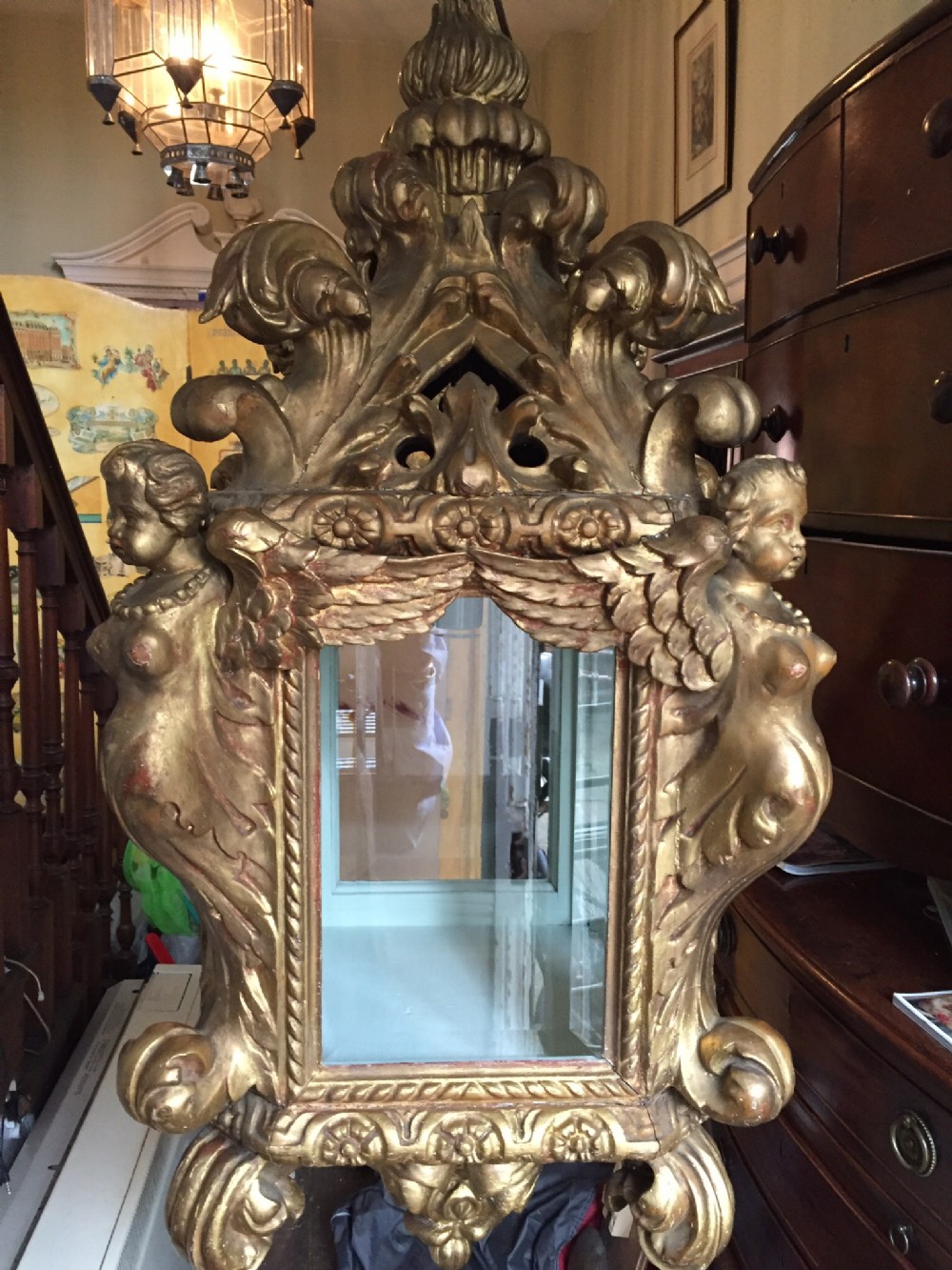 Late C19th Italian carved gilt-wood Baroque-style hanging hall lantern.