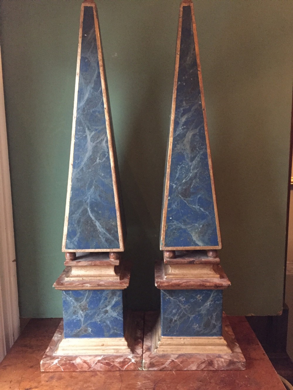 Large pair of late C19th Italian wooden 'faux marble' obelisks.