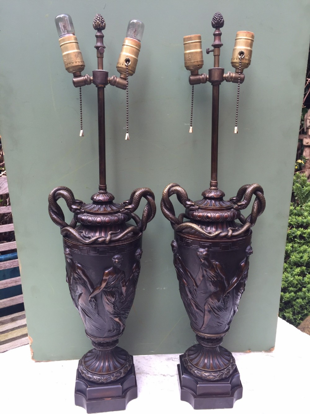 Impressive pair of late C19th French bronze vase-bodied lamps of classical design .