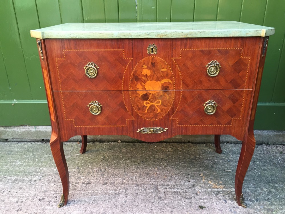 Late C19th Swedish walnut and fruitwood 'petit commode' chest with marble top.