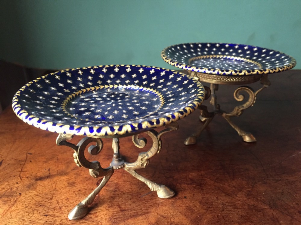 Pair of late C19th French miniature enamel tazzas on ormolu bases.
