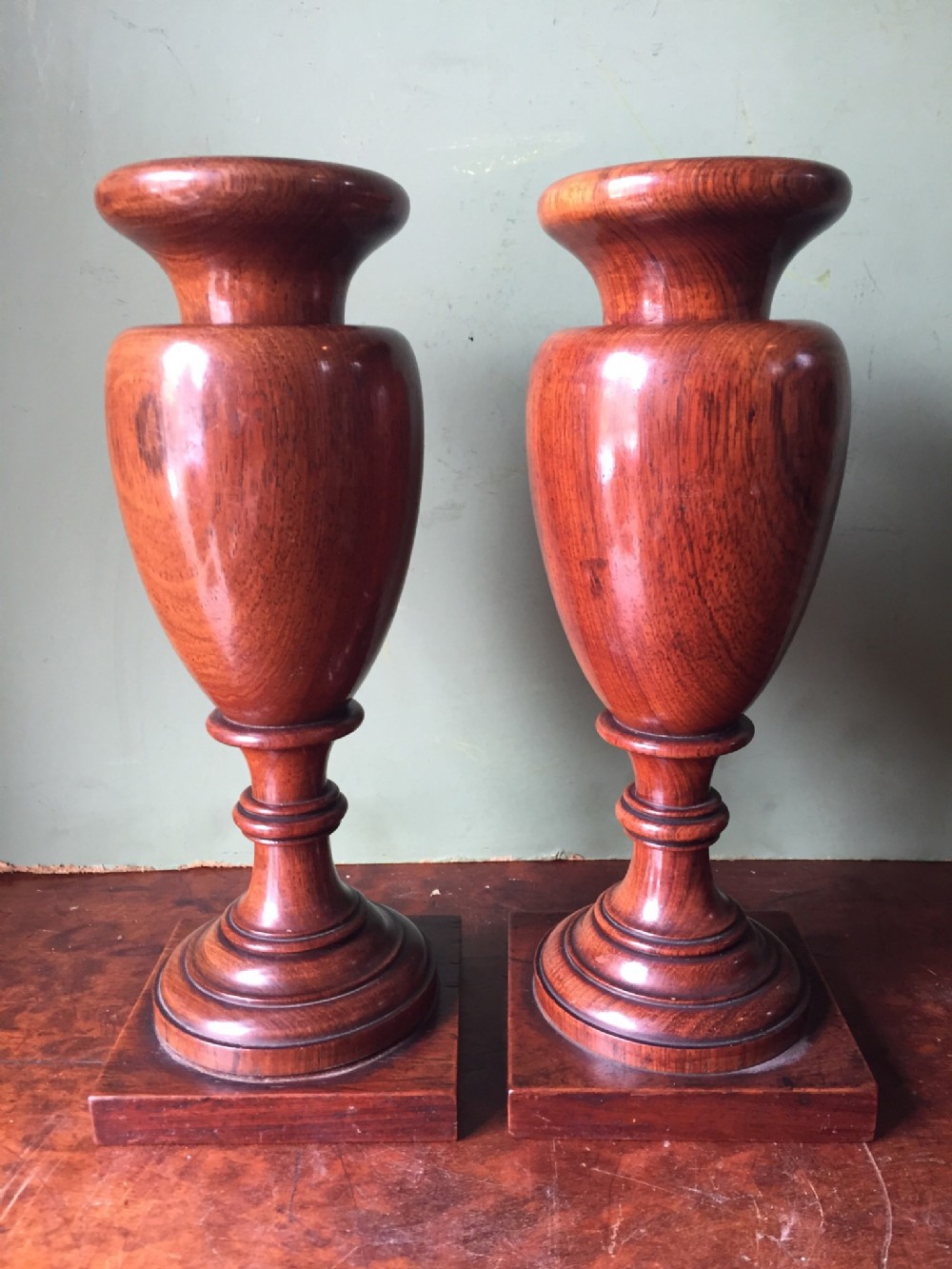Pair or early C19th George IV period turned ornamental rosewood vases.