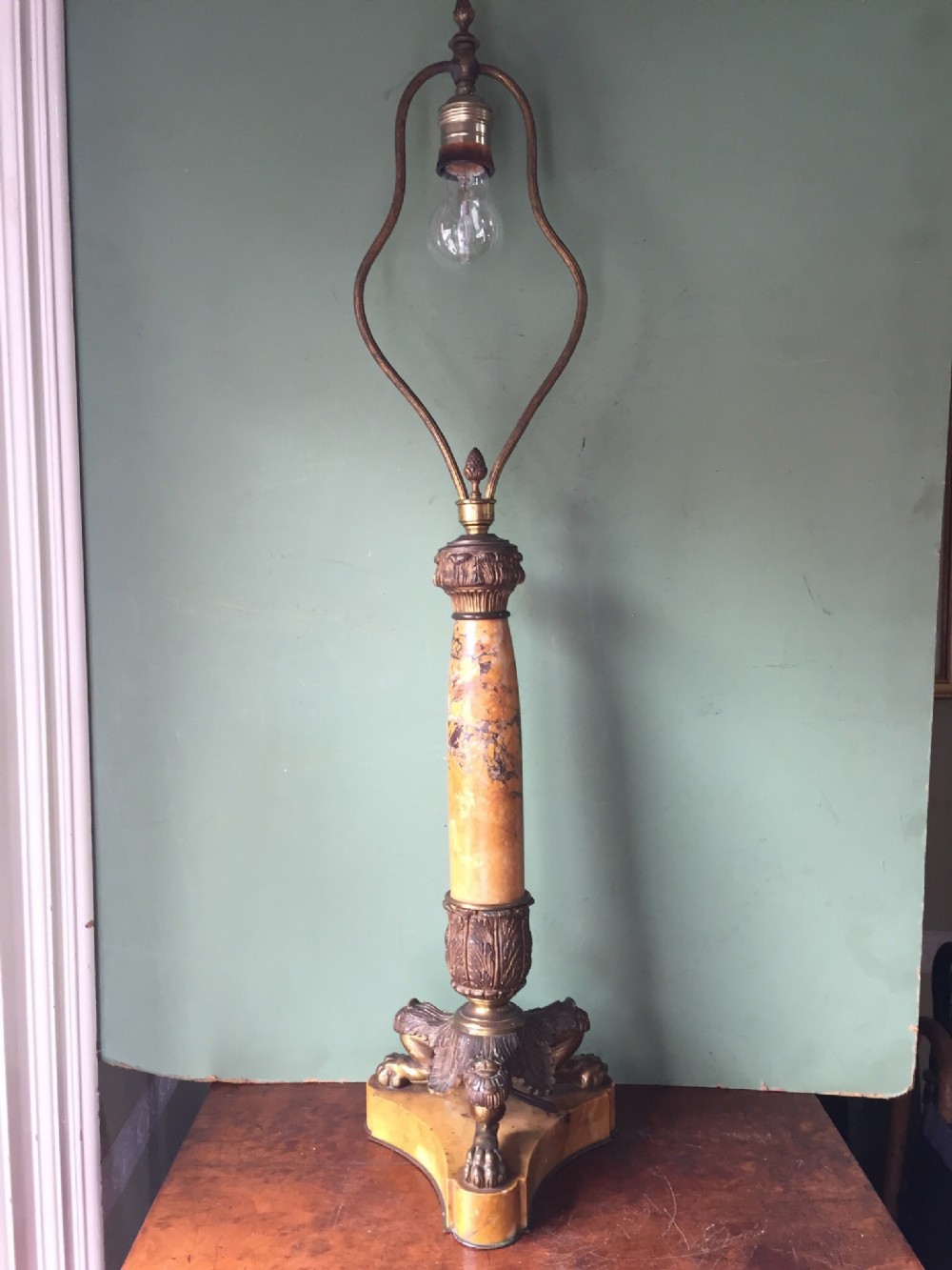 Late C19th French siena marble and ormolu bronze lamp-base of Charles X design.