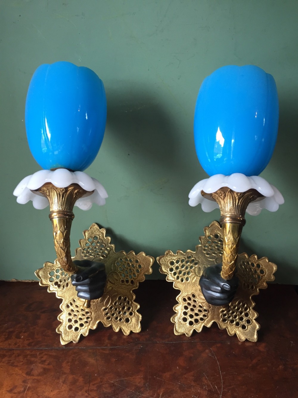 Pair of late C19th Italian bronze, ormolu and opaline glass wall-lights.