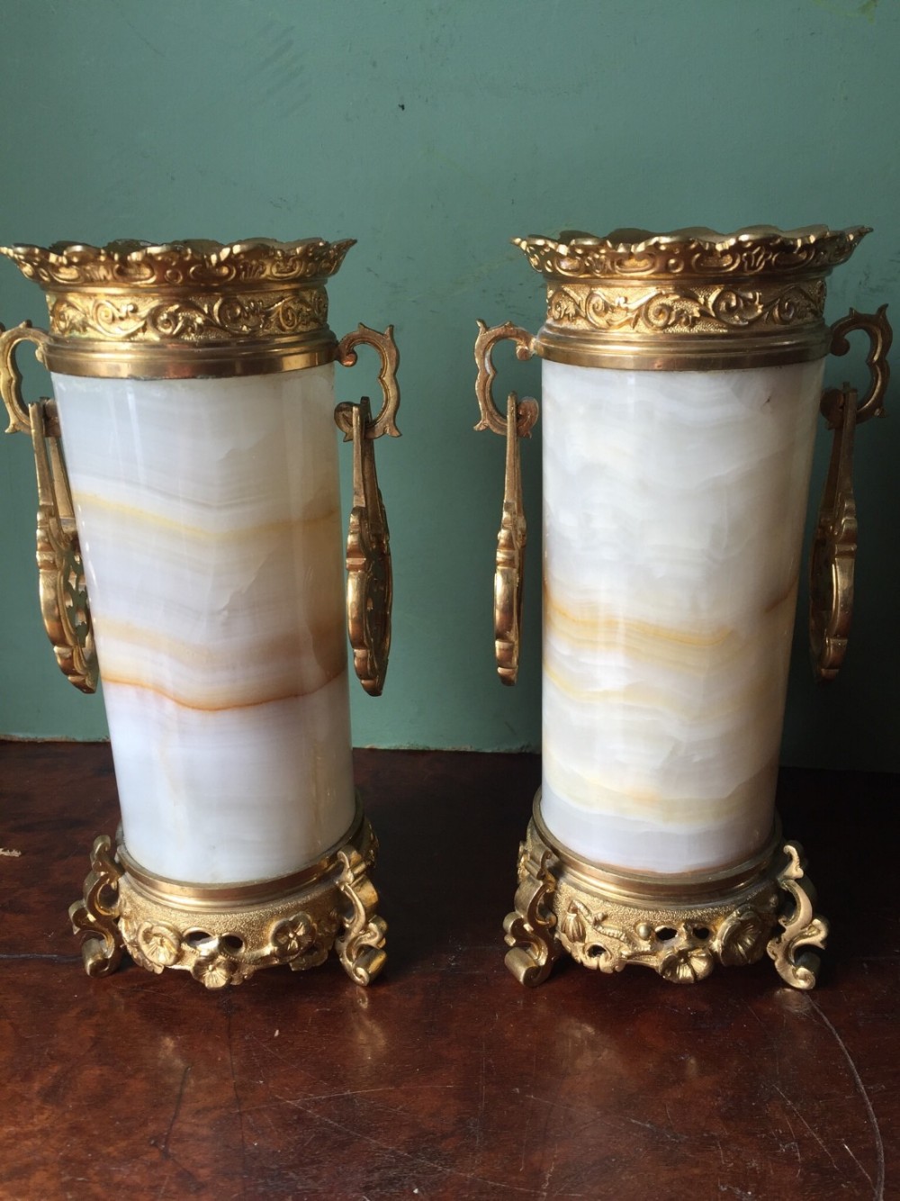 Pair of late C19th French ormolu-mounted onyx vases in 'Japonesque' style.