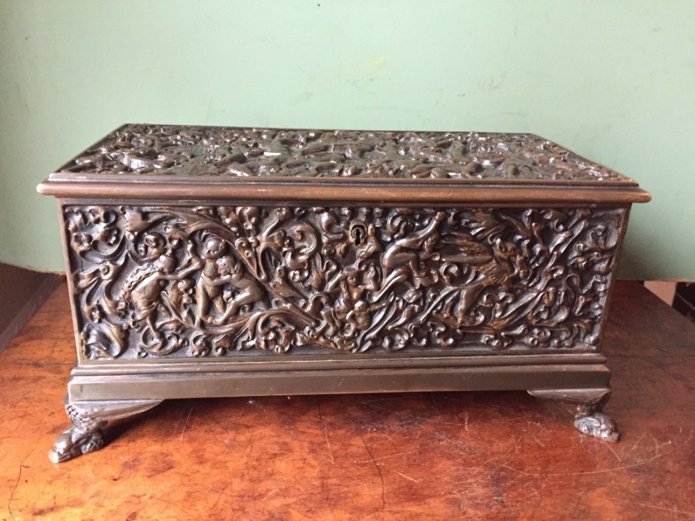 Fine C19th cast-bronze Italian rectangular table casket of Renaissance design.