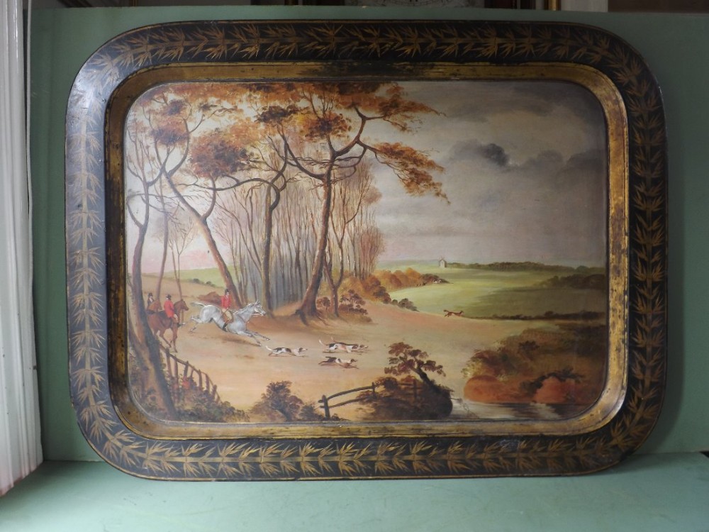 Rare early C19th Regency period papier-mâché tray decorated with fox-hunting scene. 