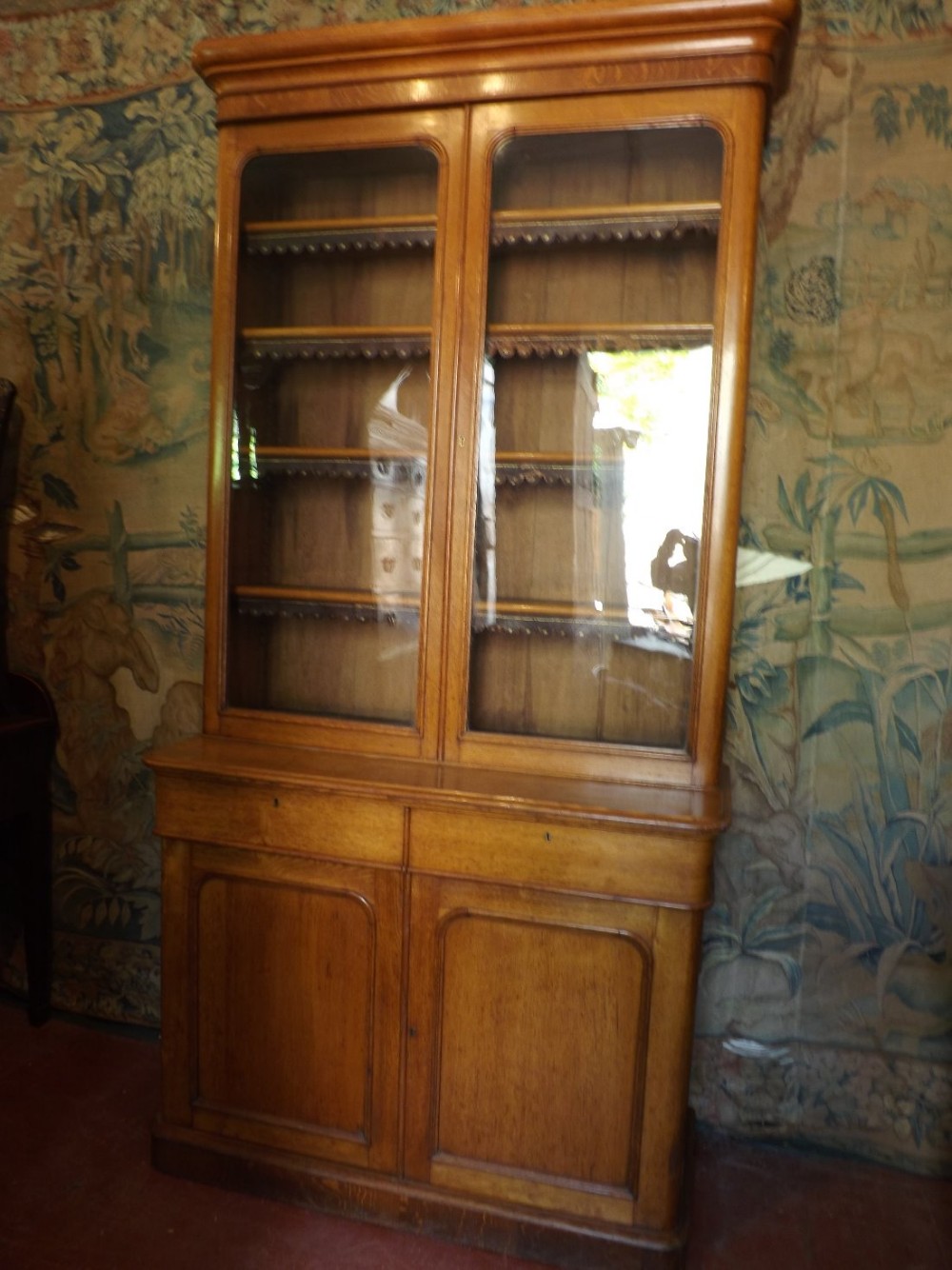 Mid C19th Victorian period glazed top 2-door oak library bookcase .