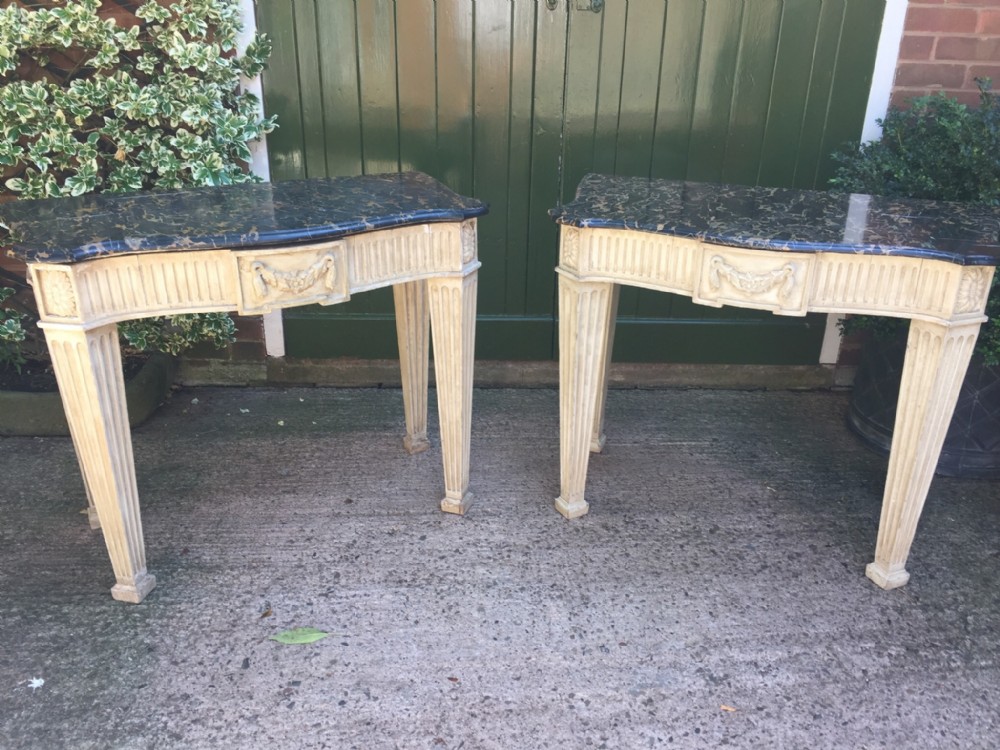 Pair of C19th Neo-classical design pier or console tables incorporating C18th 'Portoro' marble tops.