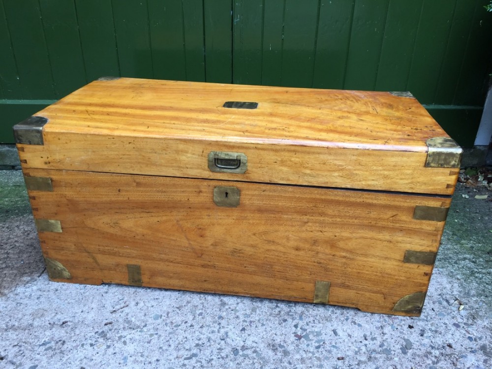 C19th Chinese export brass-bound military campaign travelling  trunk in camphor wood.