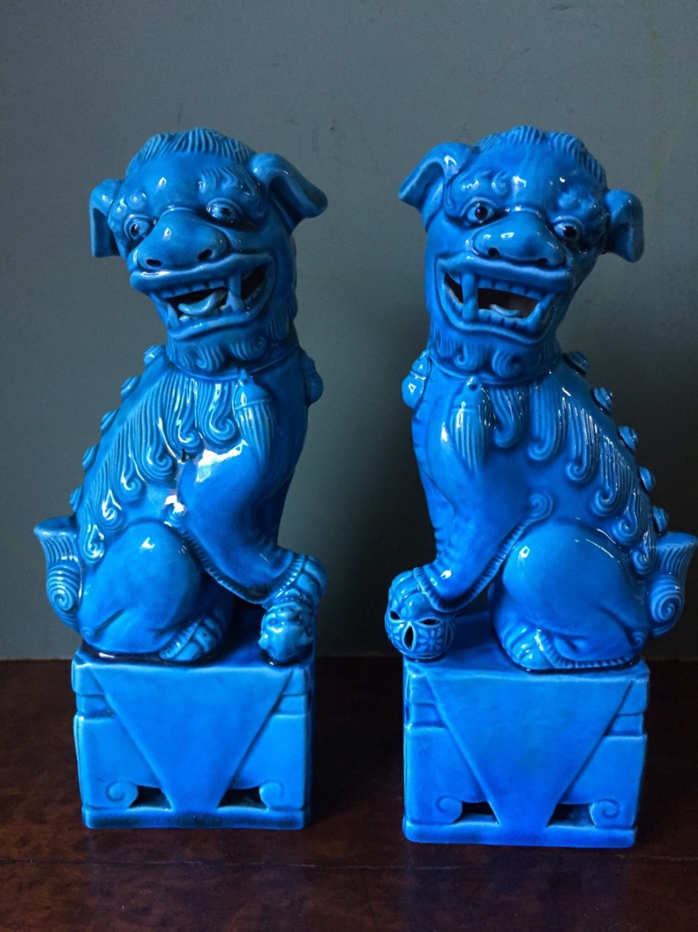 Pair of early C20th Chinese glazed turquoise pottery 'Dogs of Fo'.