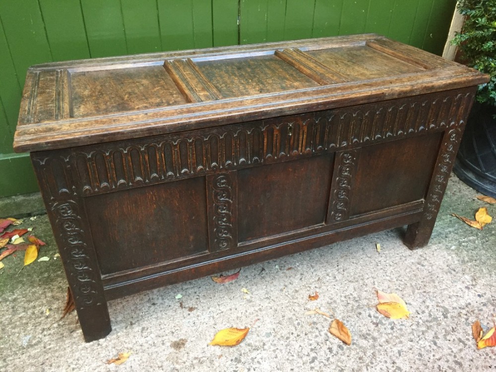 Mid C17th carved oak 3-panel coffer.