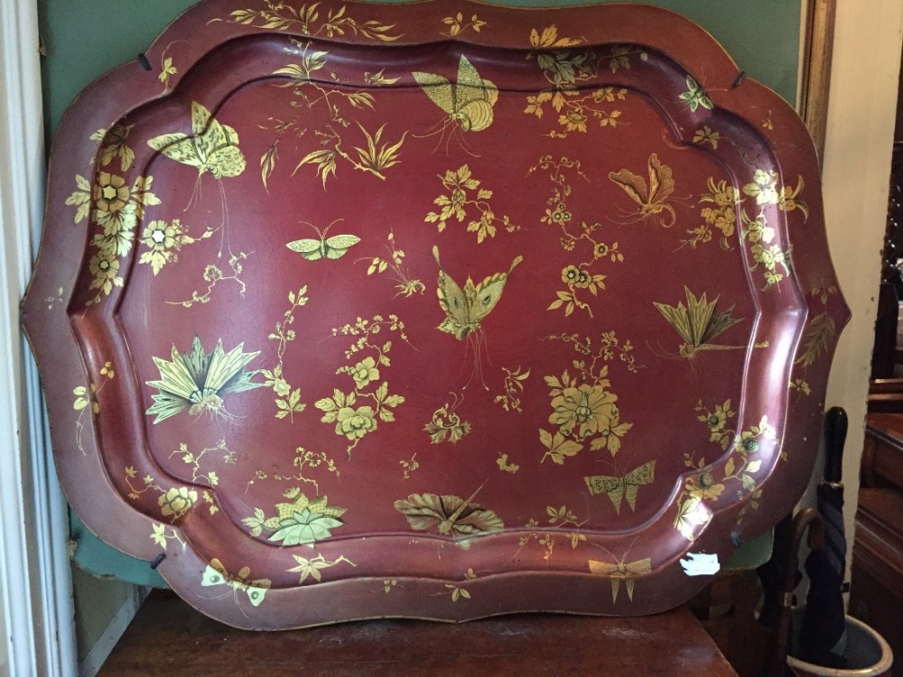 C19th red and gilt-decorated papier-mache tray by Jennens & Bettridge.