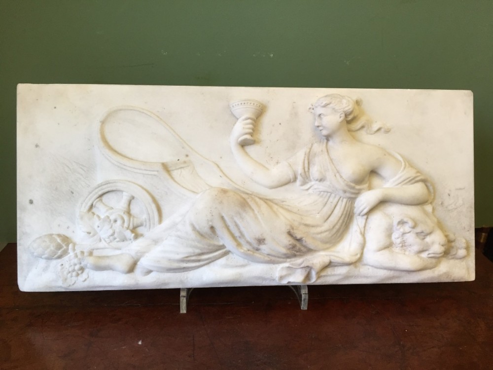 Early C19th Regency period carved statuary marble fire-surround tablet of classical design , probably depicting Cybele.
