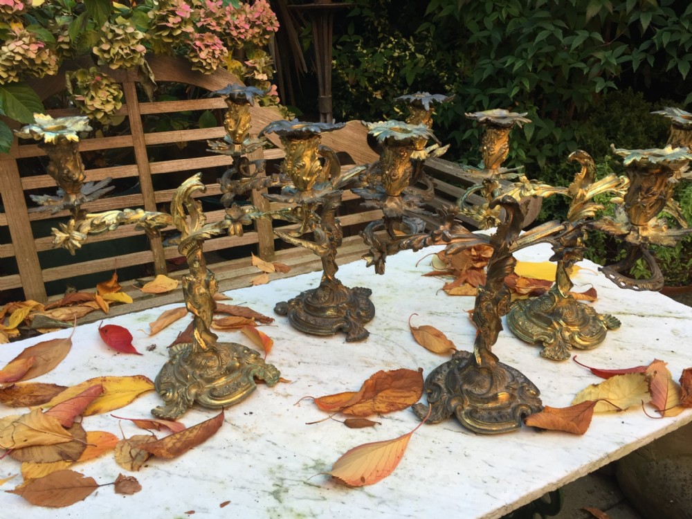 Fine and scarce set of 4 C19th cast ormolu bronze rococo design twin-branch candelabras.