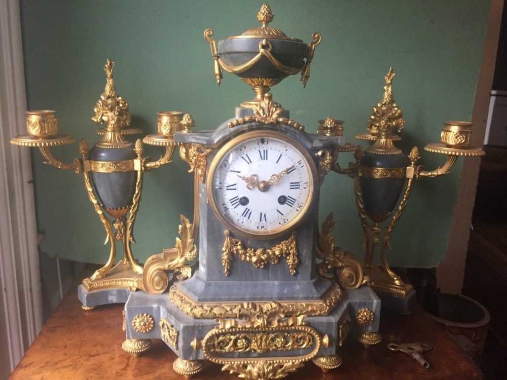 Fine quality late C19th French ormolu-mounted 3-piece 'bleu turquin' marble clock garniture.